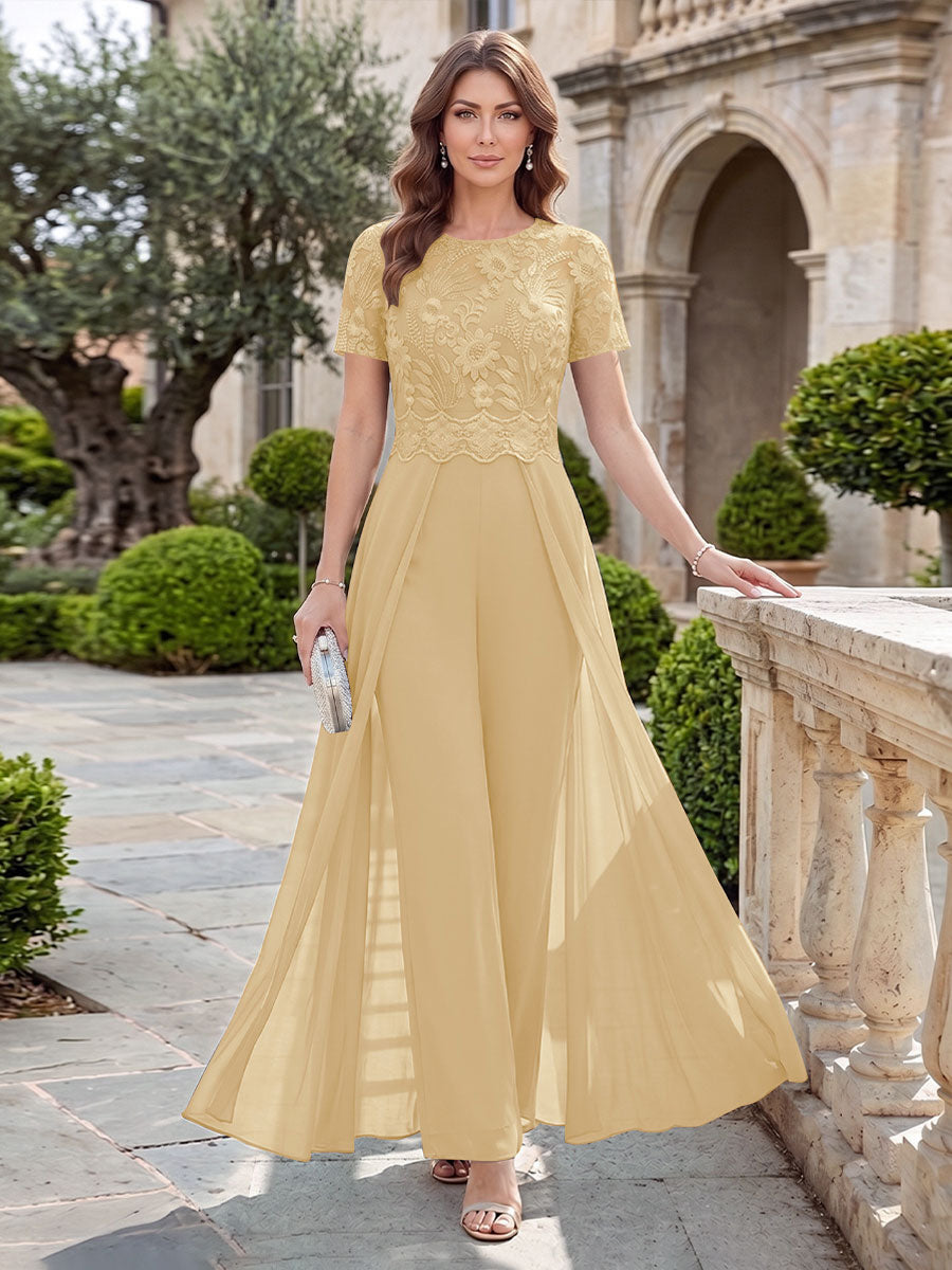 A-Line/Princess Scoop Short Sleeves Jumpsuit with Applique