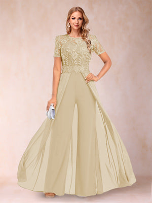 A-Line/Princess Scoop Short Sleeves Jumpsuit with Applique