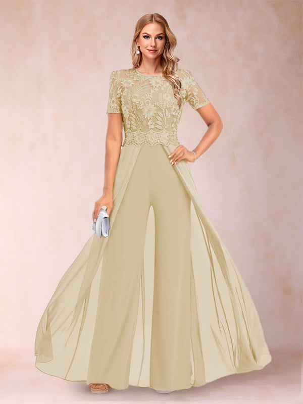 A-Line/Princess Scoop Short Sleeves Jumpsuit with Applique