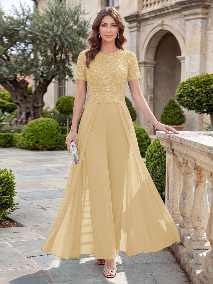 A-Line/Princess Scoop Short Sleeves Jumpsuit with Applique