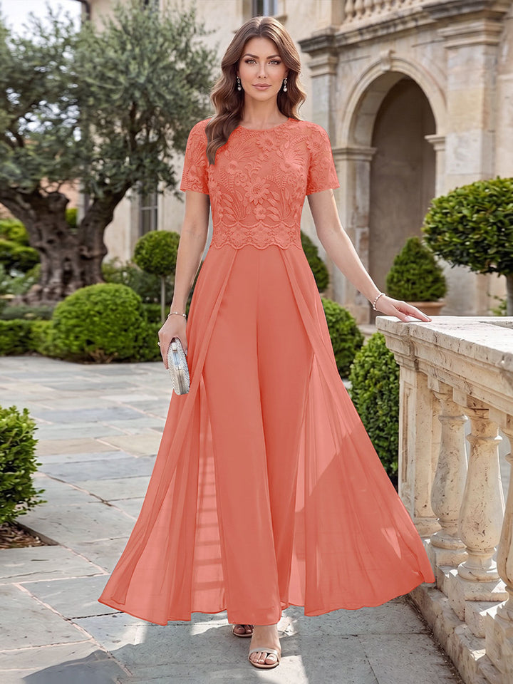 A-Line/Princess Scoop Short Sleeves Jumpsuit with Applique