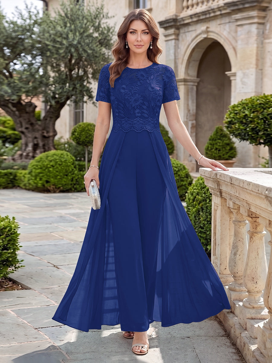 A-Line/Princess Scoop Short Sleeves Jumpsuit with Applique