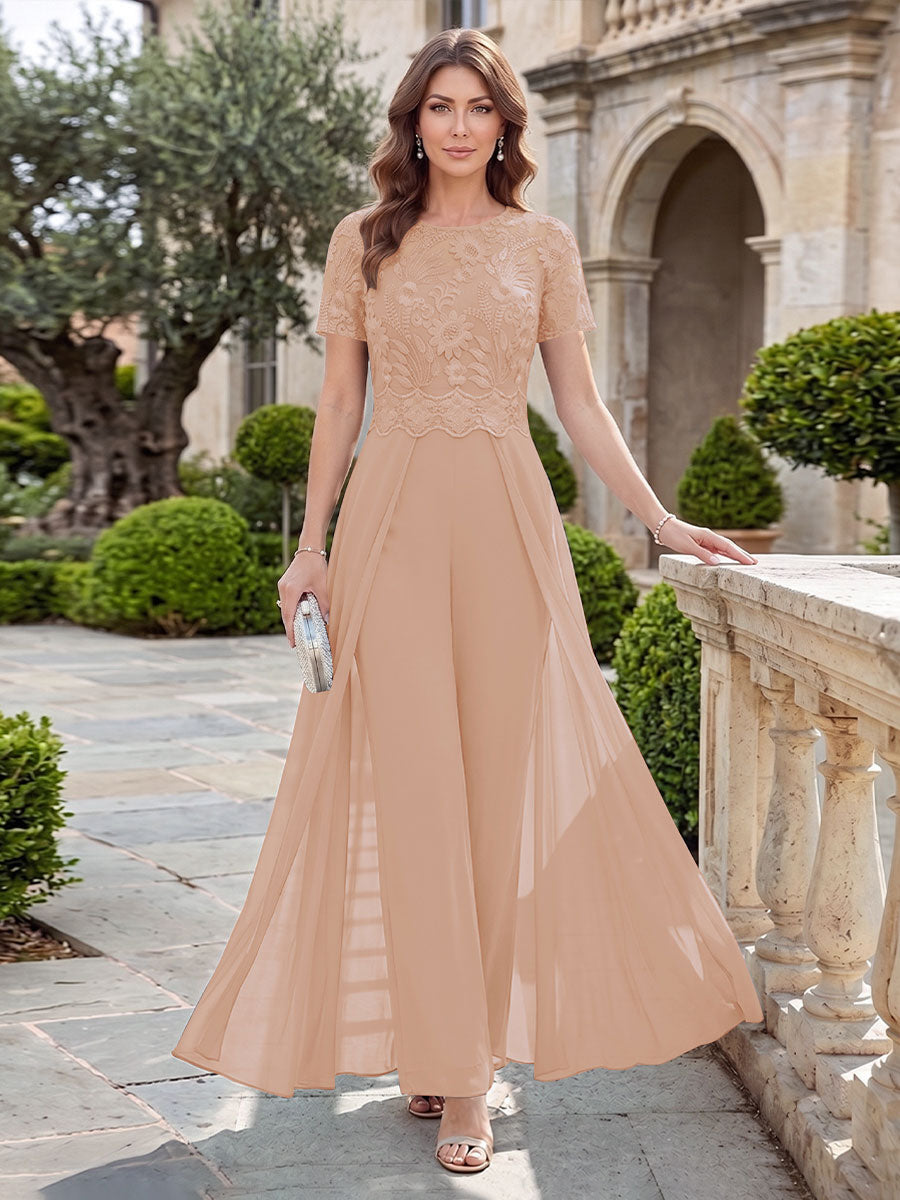 A-Line/Princess Scoop Short Sleeves Jumpsuit with Applique