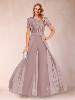 A-Line/Princess Scoop Short Sleeves Jumpsuit with Applique