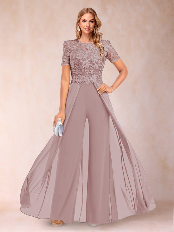 A-Line/Princess Scoop Short Sleeves Jumpsuit with Applique