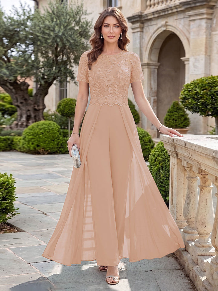 A-Line/Princess Scoop Short Sleeves Jumpsuit with Applique