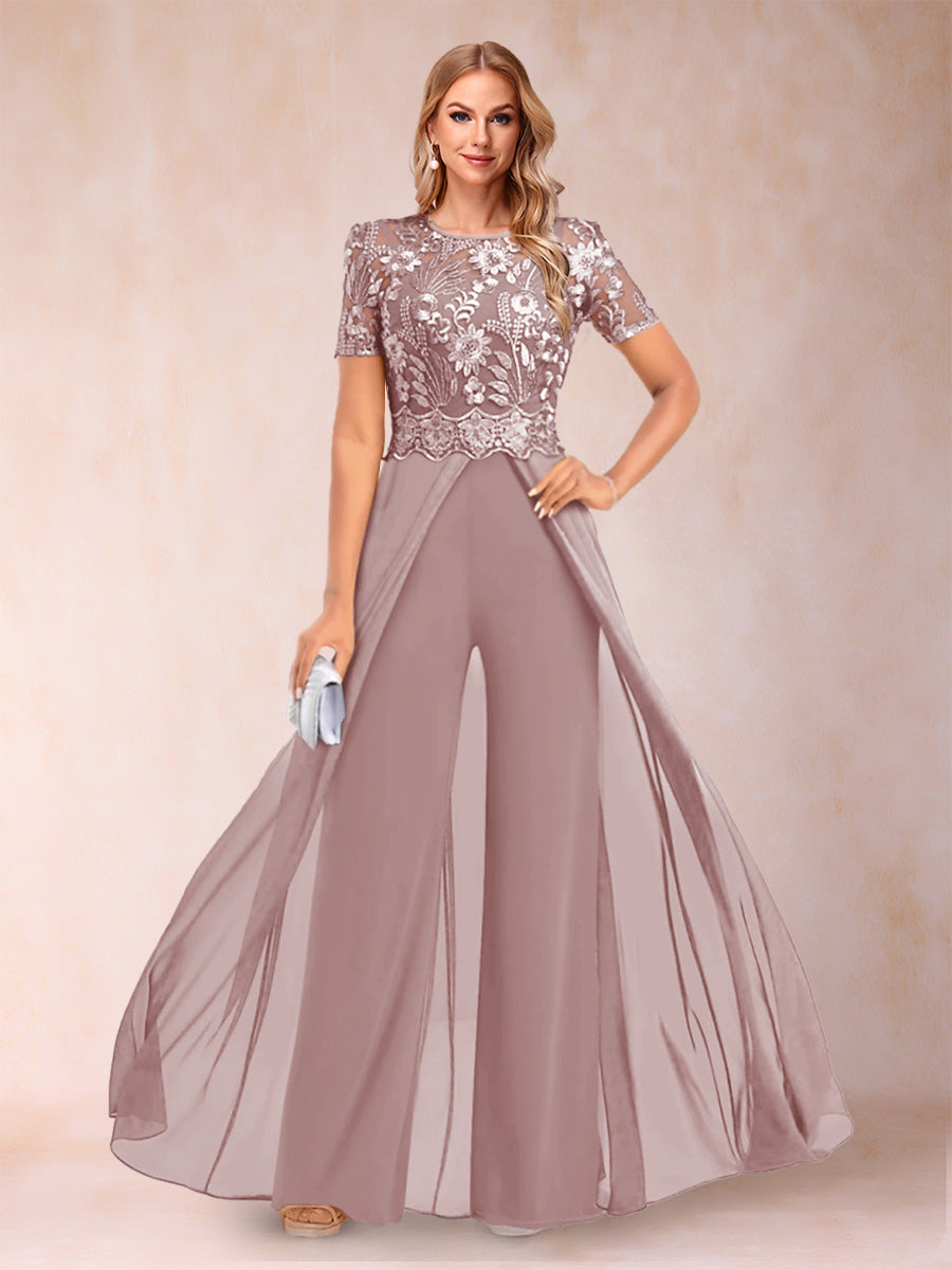 A-Line/Princess Scoop Short Sleeves 2 Pieces Pantsuits with Applique