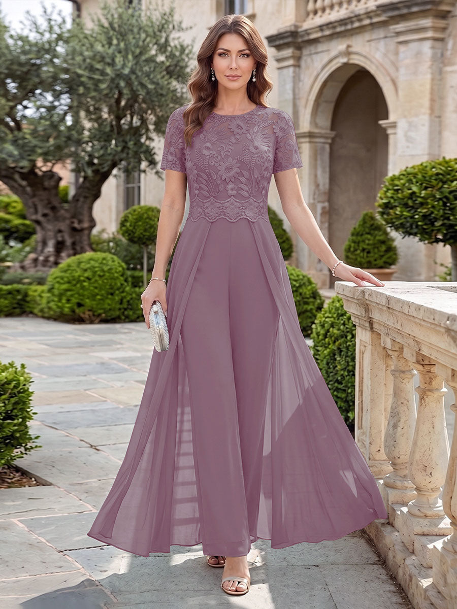 A-Line/Princess Scoop Short Sleeves Jumpsuit with Applique