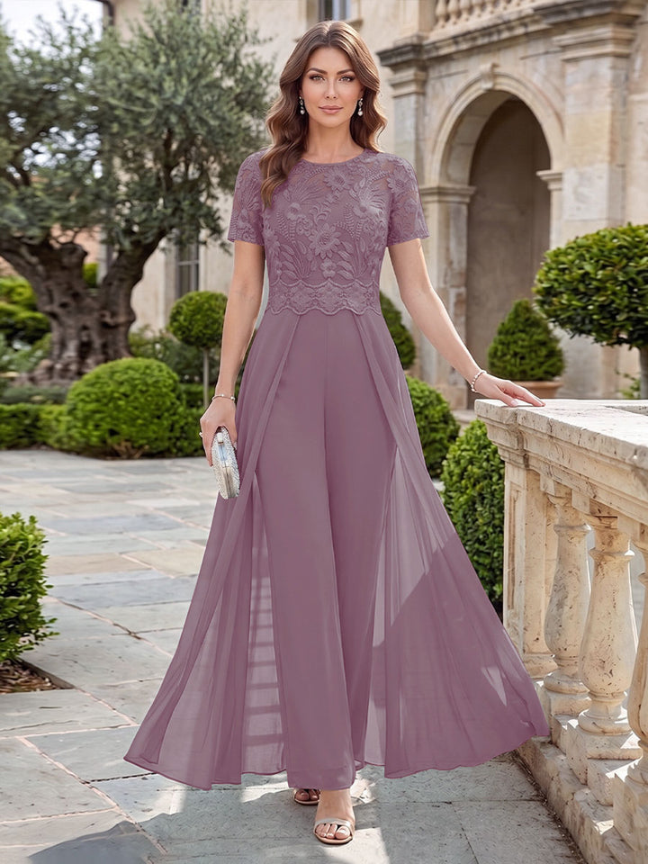 A-Line/Princess Scoop Short Sleeves Jumpsuit with Applique