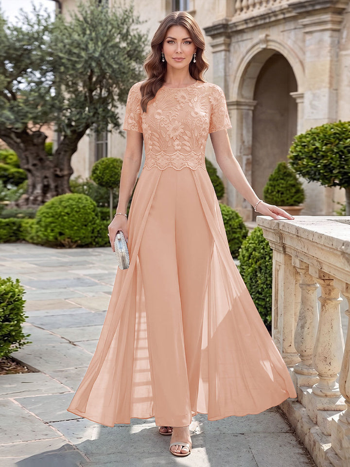 A-Line/Princess Scoop Short Sleeves Jumpsuit with Applique