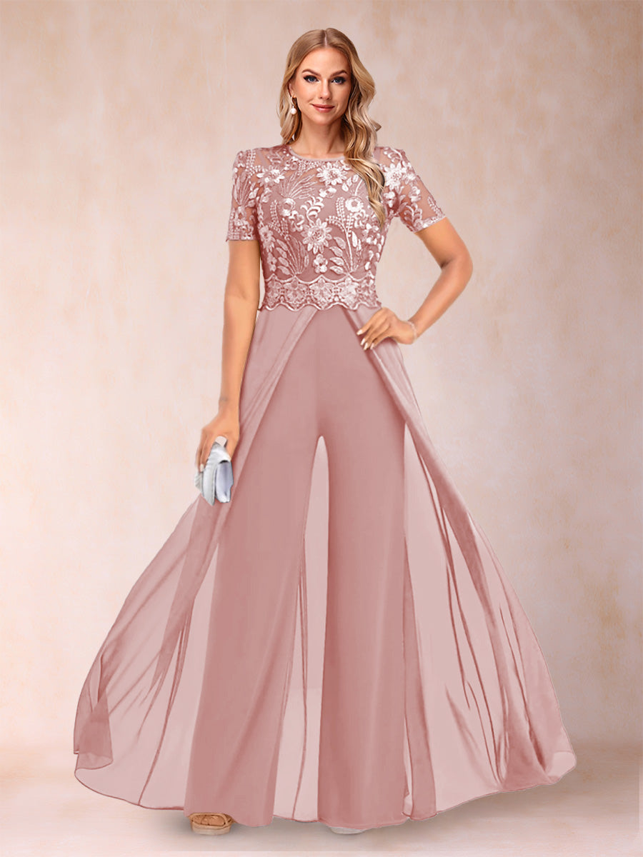A-Line/Princess Scoop Short Sleeves 2 Pieces Pantsuits with Applique