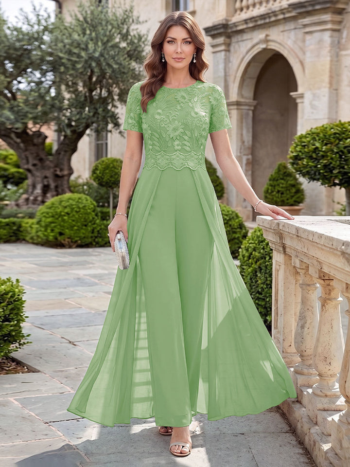 A-Line/Princess Scoop Short Sleeves Jumpsuit with Applique