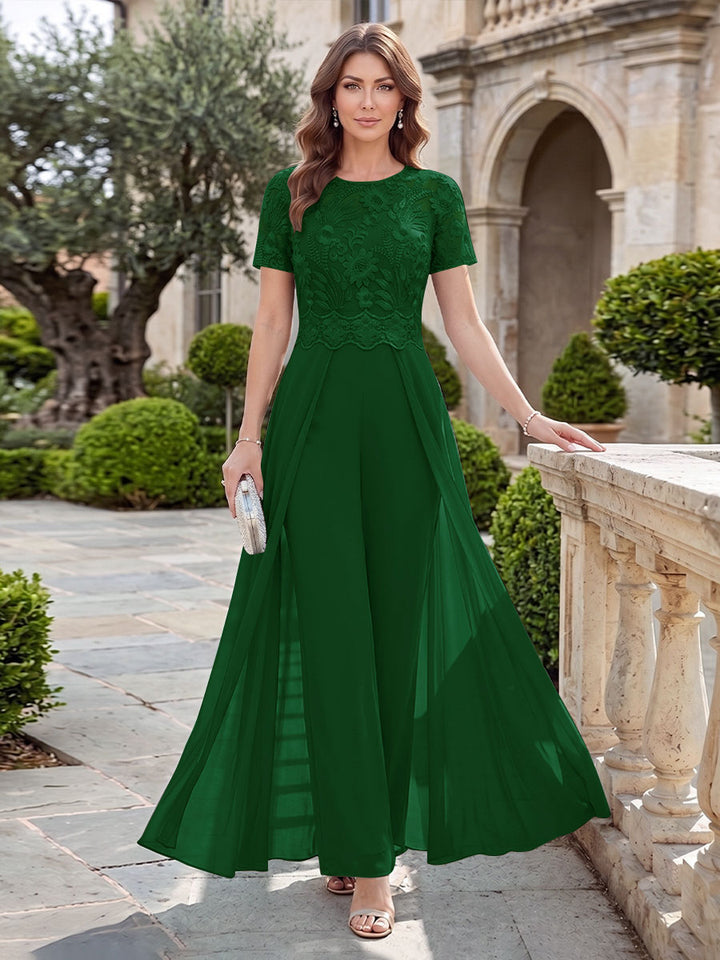 A-Line/Princess Scoop Short Sleeves Jumpsuit with Applique