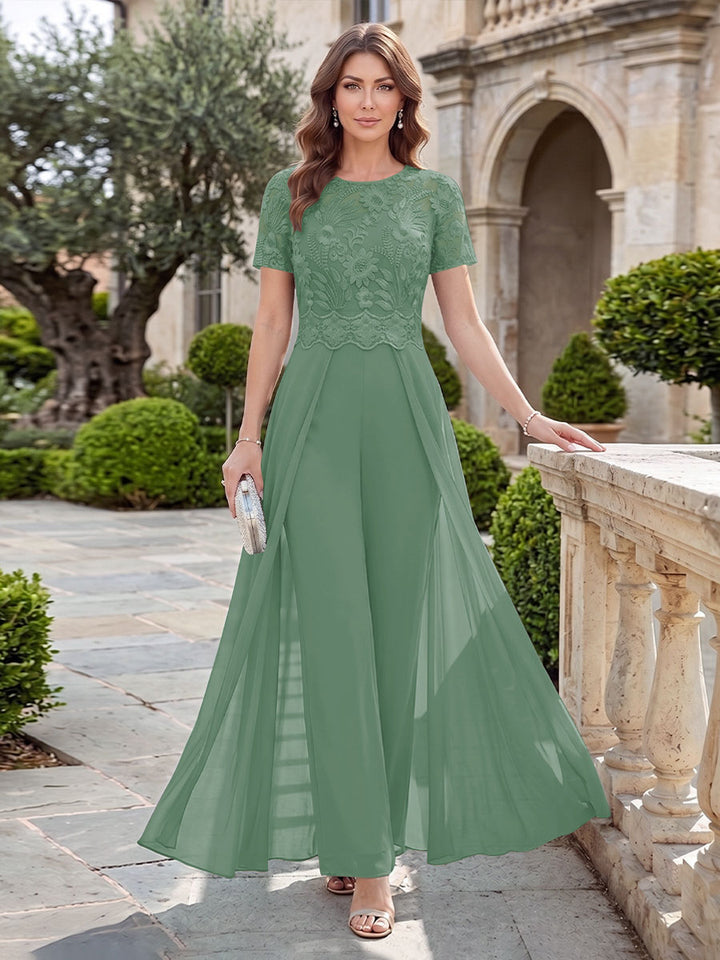 A-Line/Princess Scoop Short Sleeves Jumpsuit with Applique