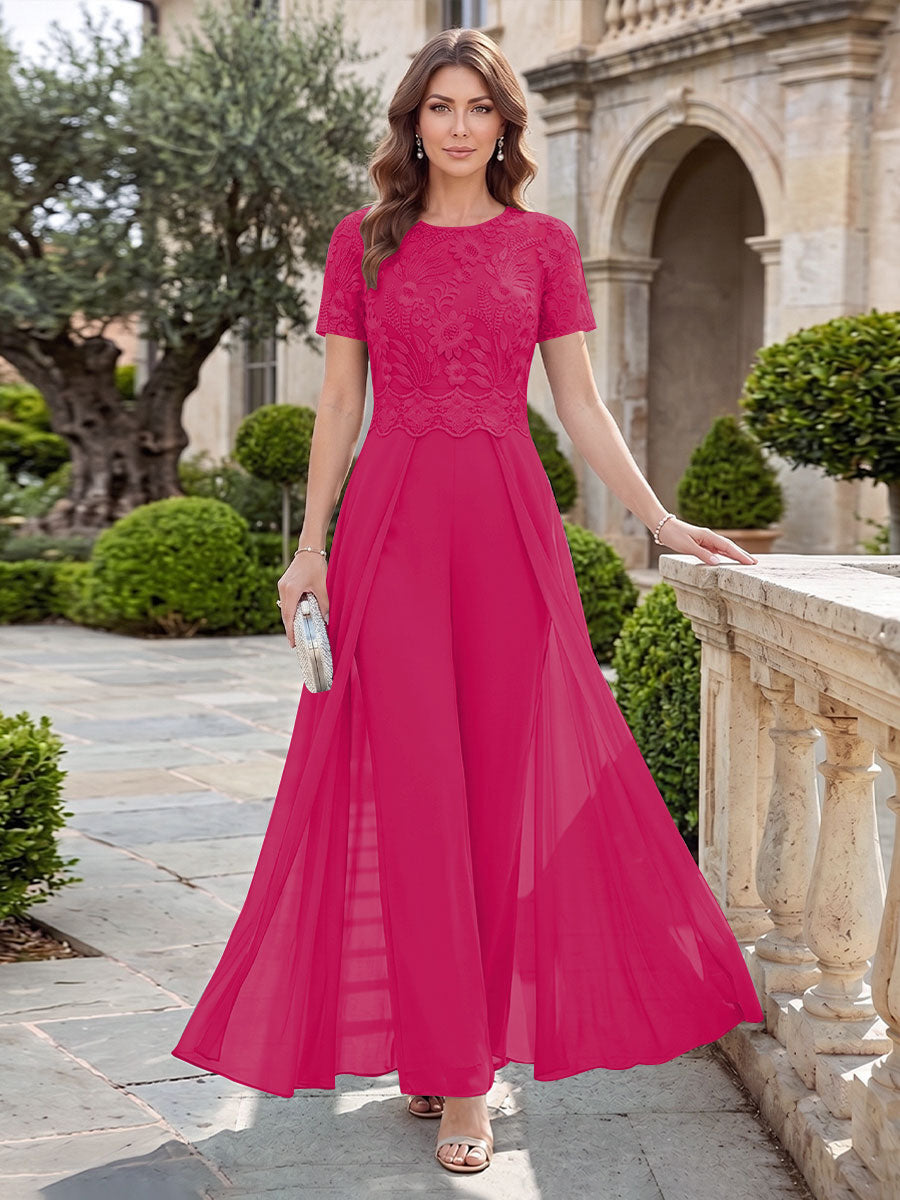 A-Line/Princess Scoop Short Sleeves Jumpsuit with Applique