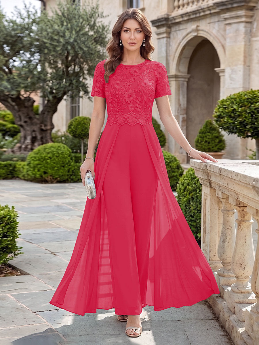 A-Line/Princess Scoop Short Sleeves Jumpsuit with Applique