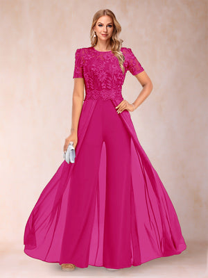 A-Line/Princess Scoop Short Sleeves Jumpsuit with Applique