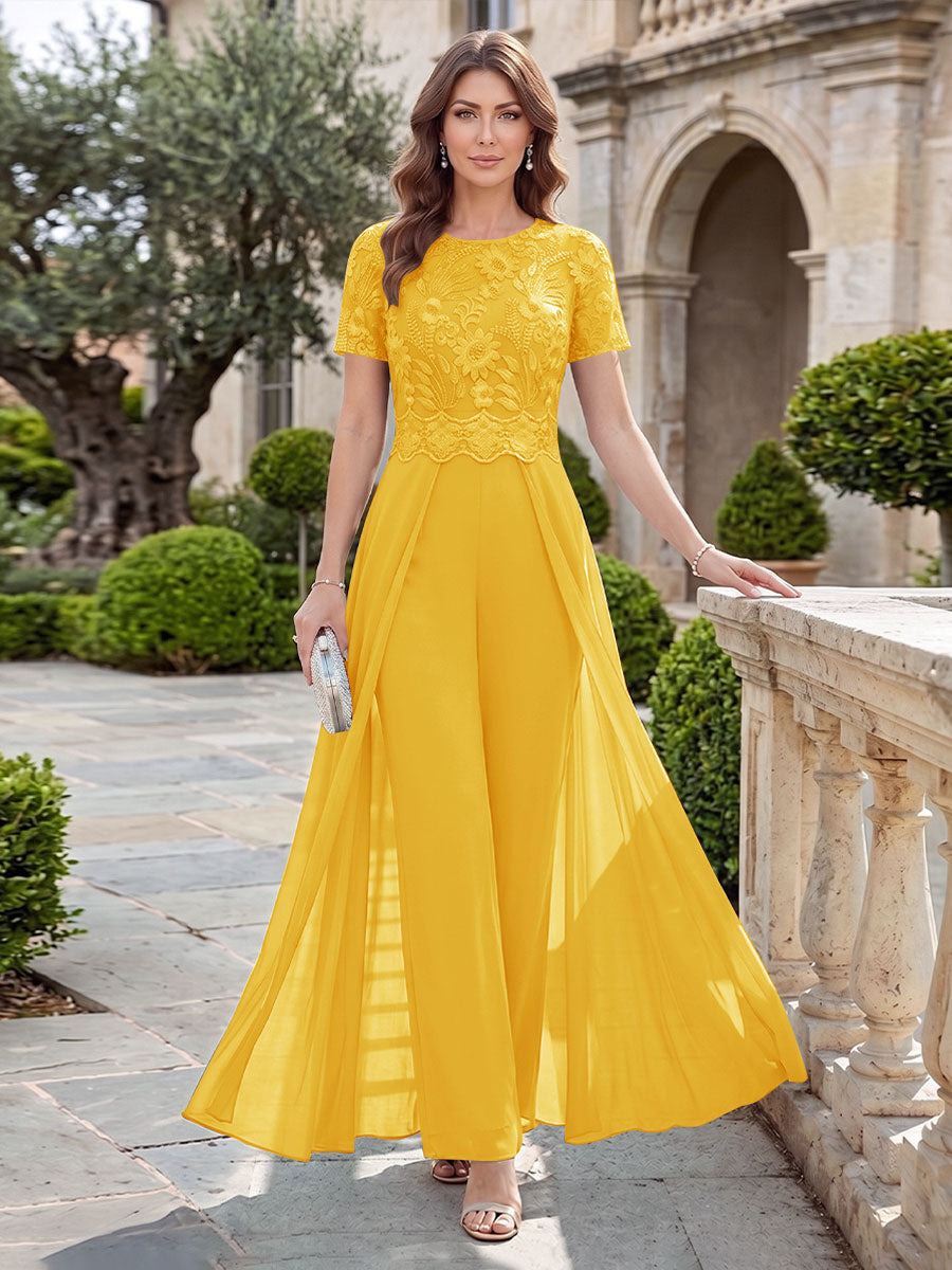 A-Line/Princess Scoop Short Sleeves Jumpsuit with Applique