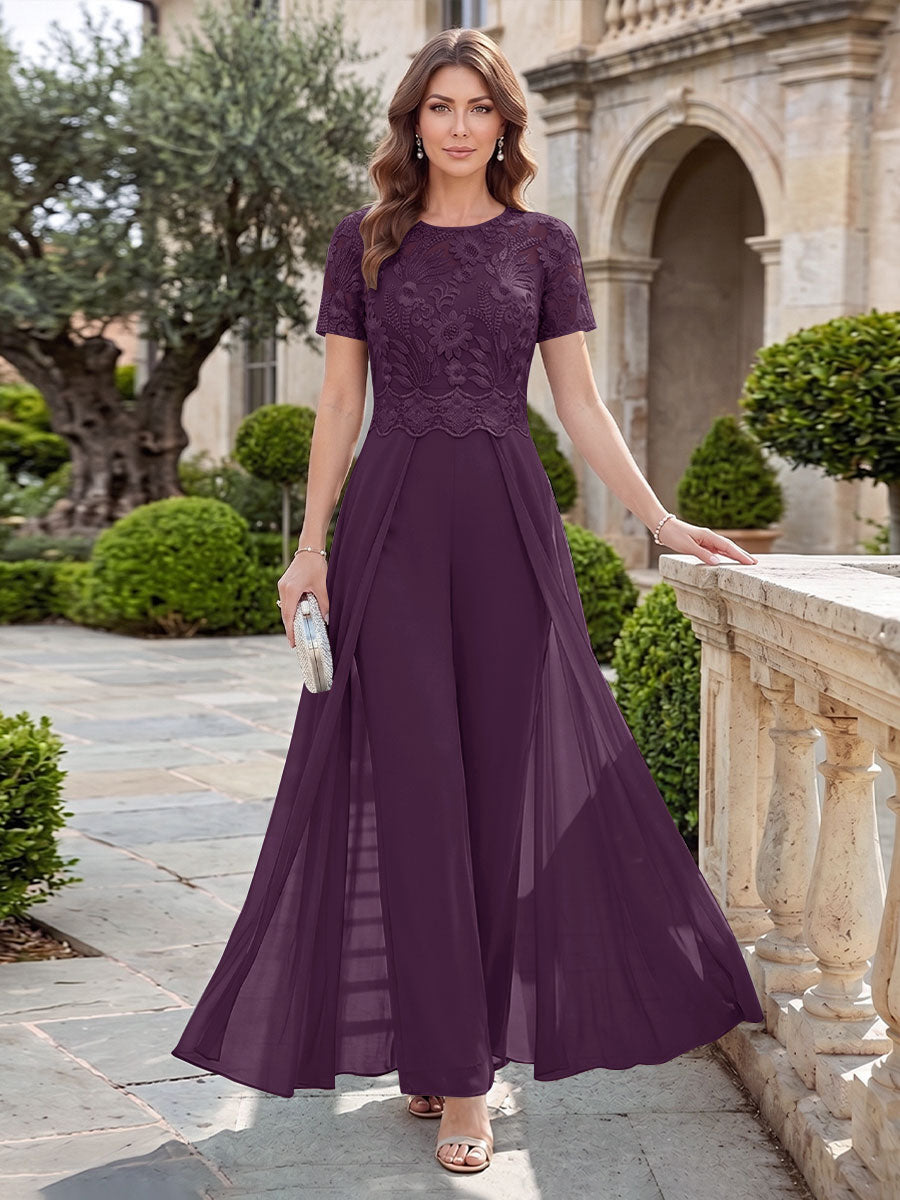 A-Line/Princess Scoop Short Sleeves Jumpsuit with Applique