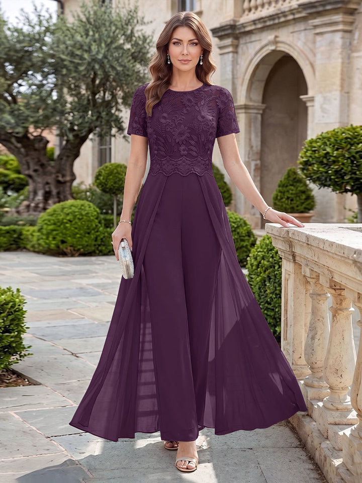 A-Line/Princess Scoop Short Sleeves Jumpsuit with Applique