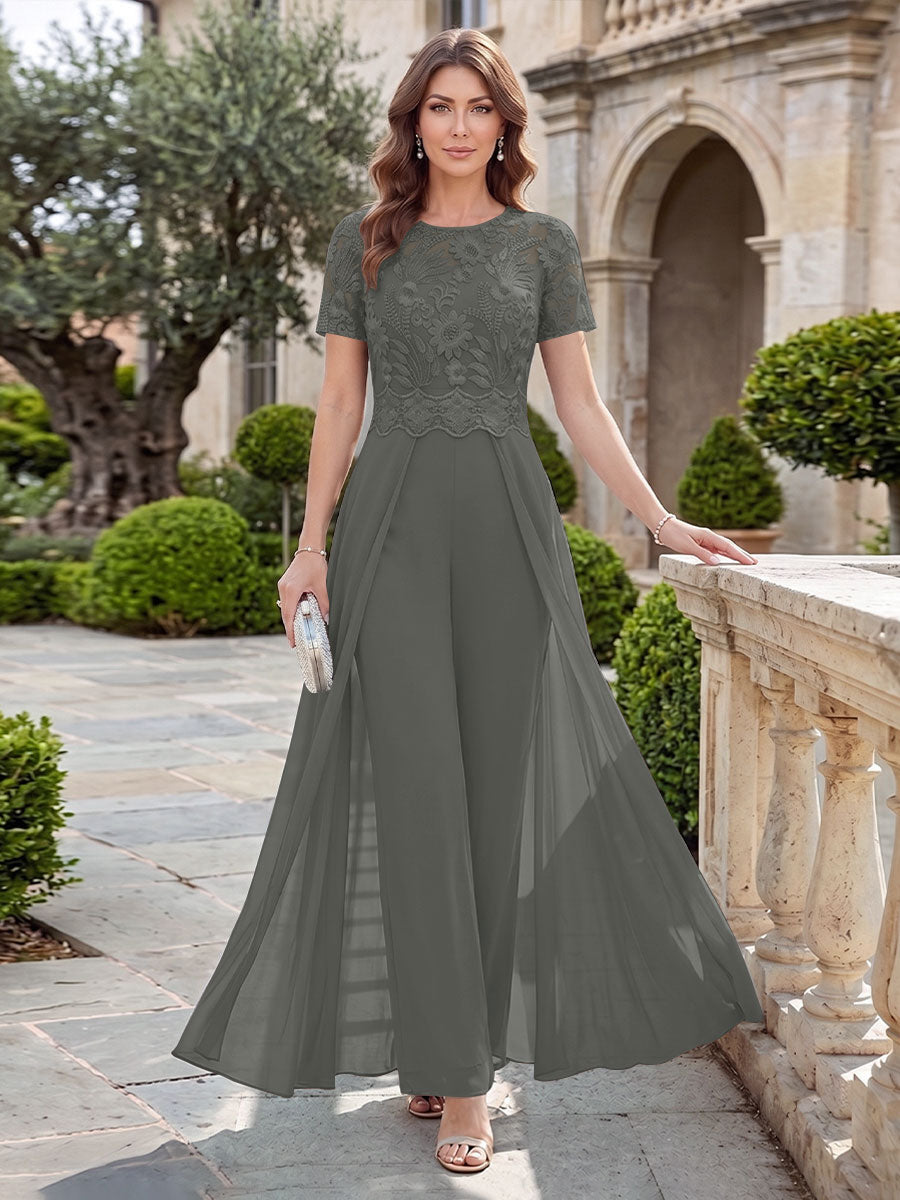 A-Line/Princess Scoop Short Sleeves Jumpsuit with Applique
