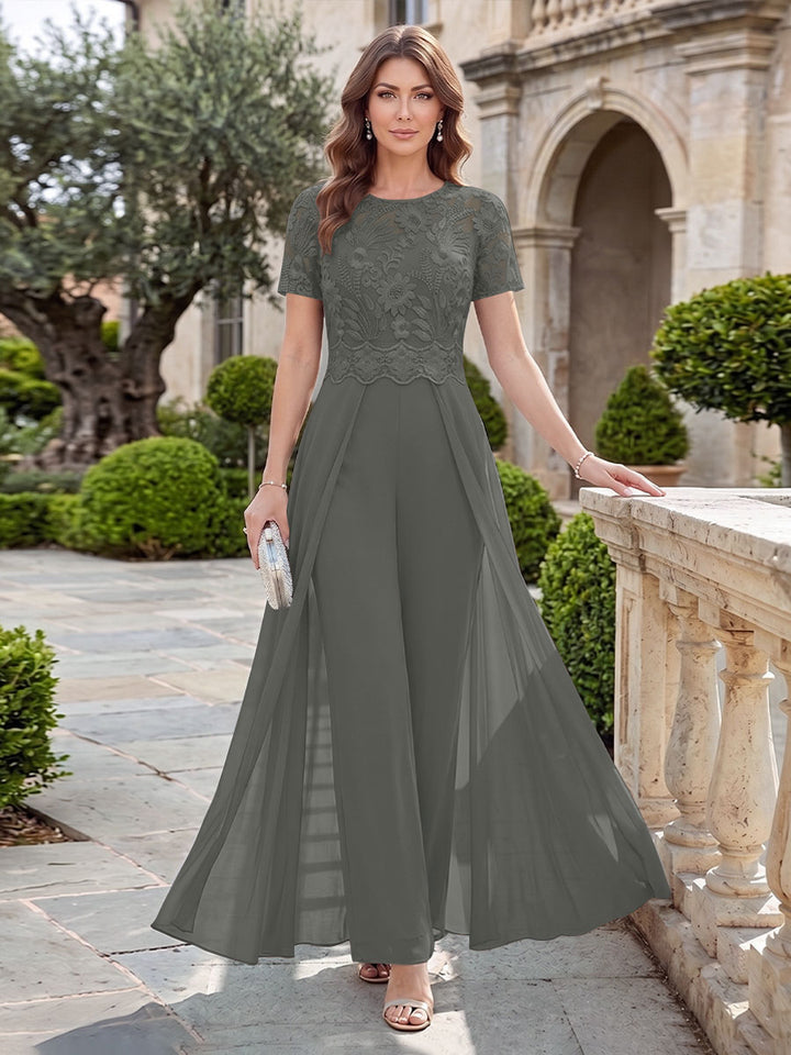 A-Line/Princess Scoop Short Sleeves Jumpsuit with Applique