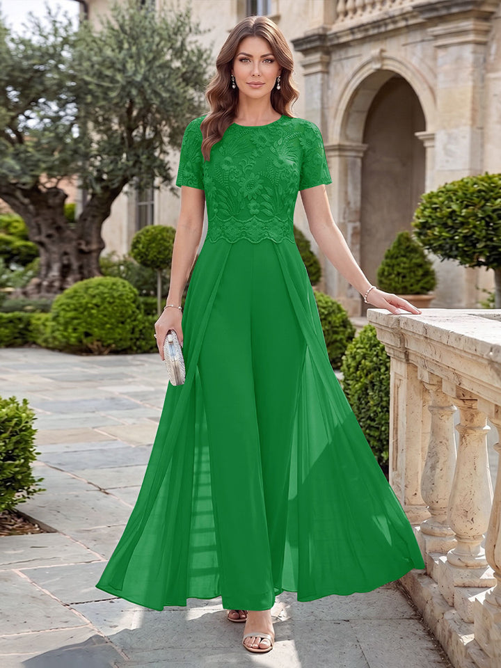 A-Line/Princess Scoop Short Sleeves Jumpsuit with Applique