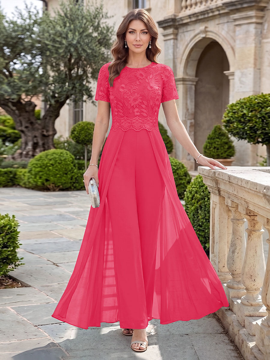 A-Line/Princess Scoop Short Sleeves Jumpsuit with Applique