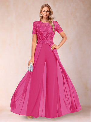 A-Line/Princess Scoop Short Sleeves Jumpsuit with Applique