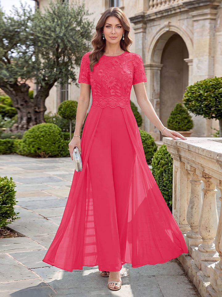 A-Line/Princess Scoop Short Sleeves Jumpsuit with Applique