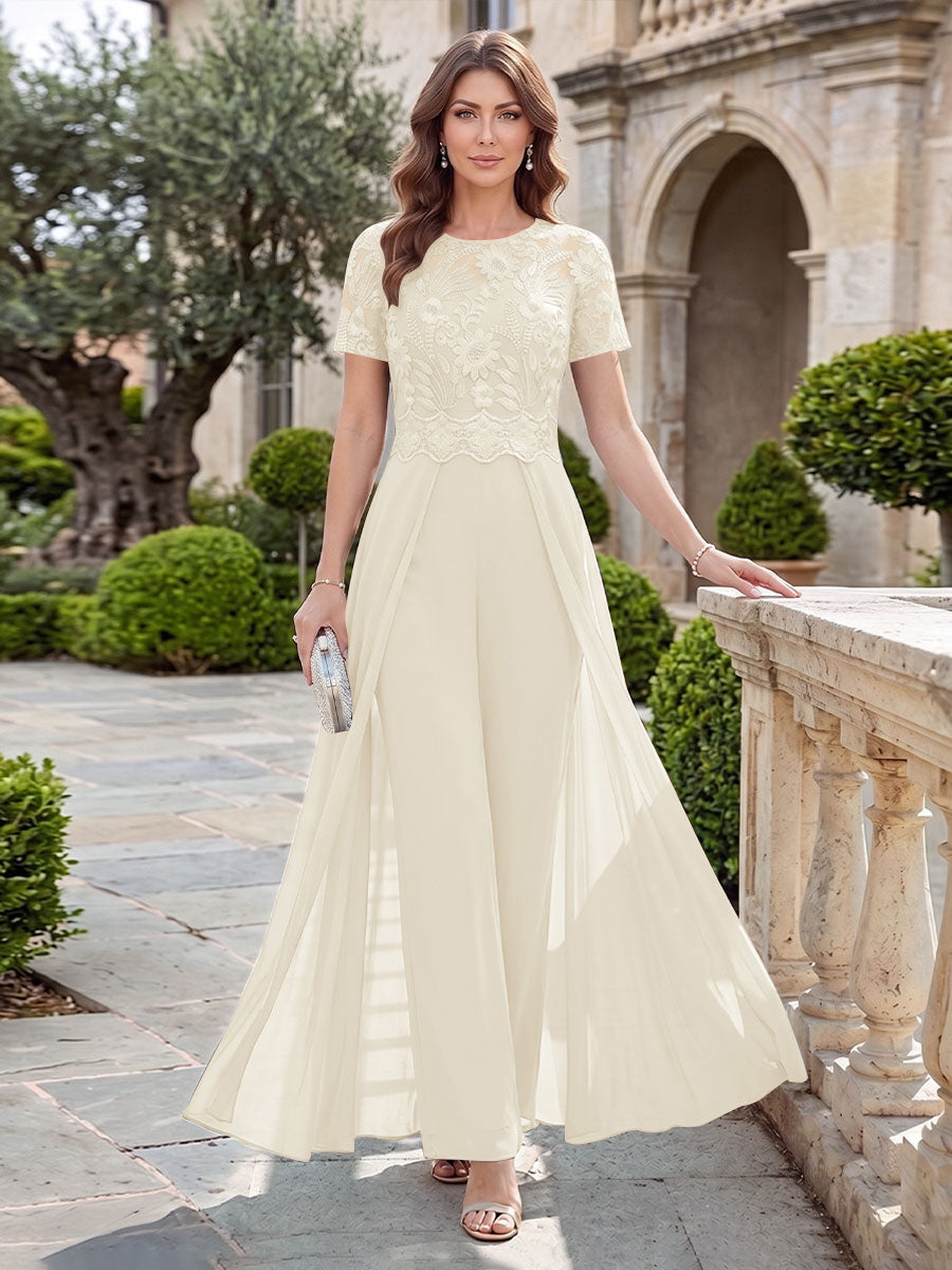 A-Line/Princess Scoop Short Sleeves Jumpsuit with Applique
