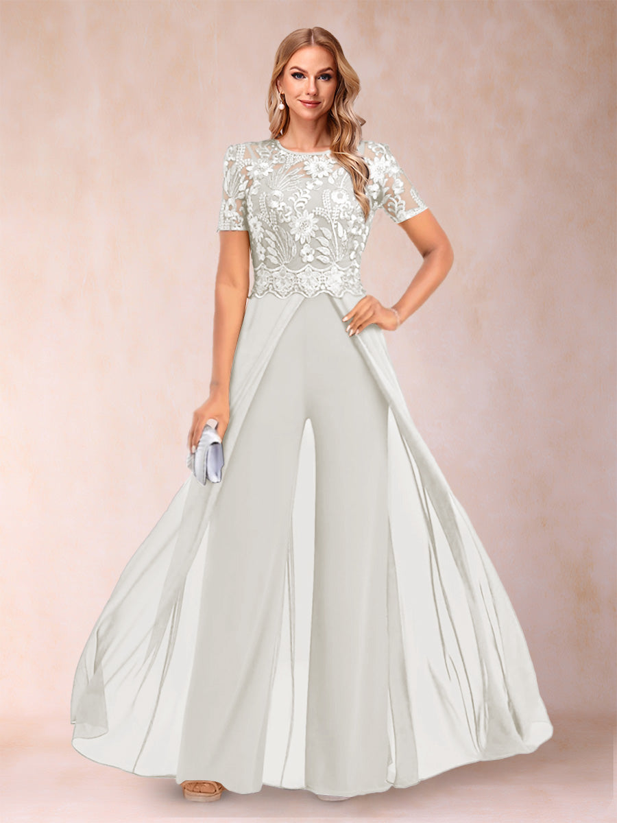 A-Line/Princess Scoop Short Sleeves 2 Pieces Pantsuits with Applique