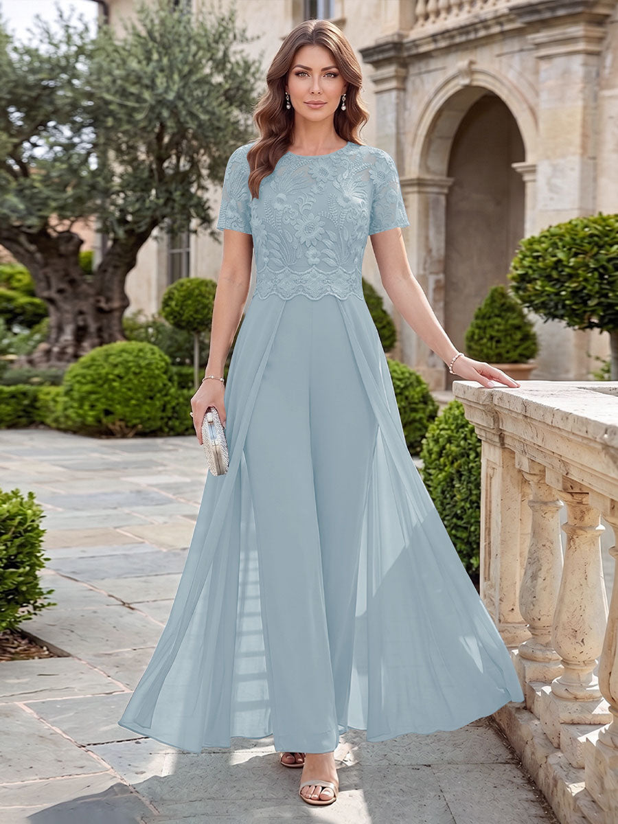 A-Line/Princess Scoop Short Sleeves Jumpsuit with Applique