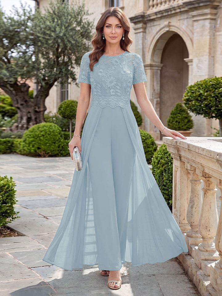 A-Line/Princess Scoop Short Sleeves Jumpsuit with Applique
