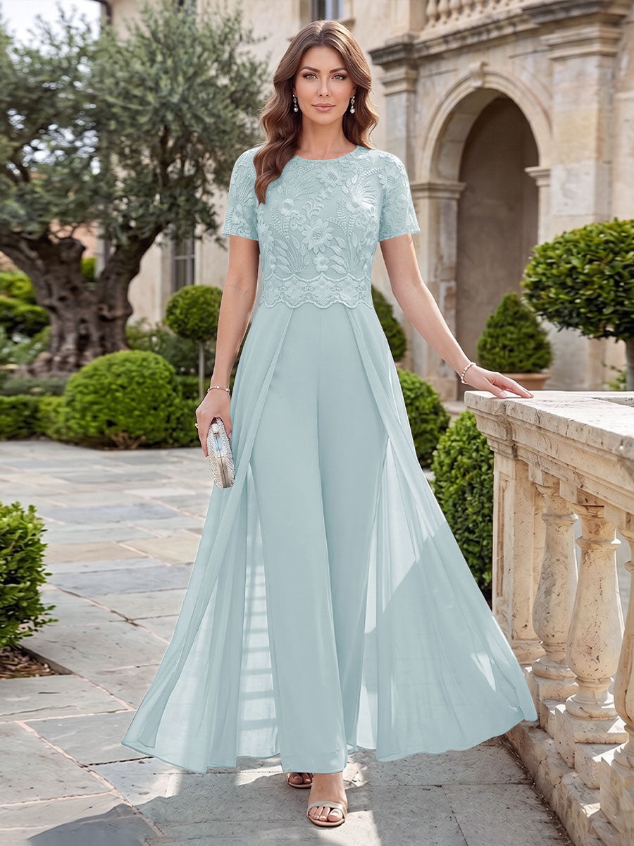 A-Line/Princess Scoop Short Sleeves Jumpsuit with Applique