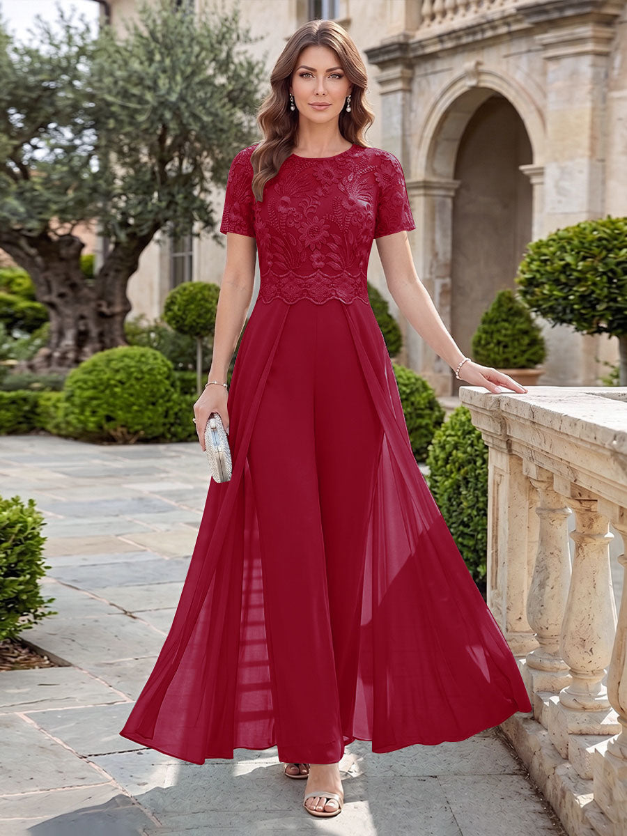 A-Line/Princess Scoop Short Sleeves Jumpsuit with Applique