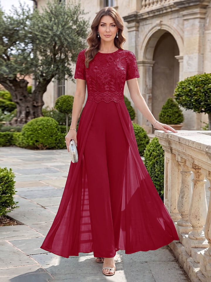 A-Line/Princess Scoop Short Sleeves Jumpsuit with Applique