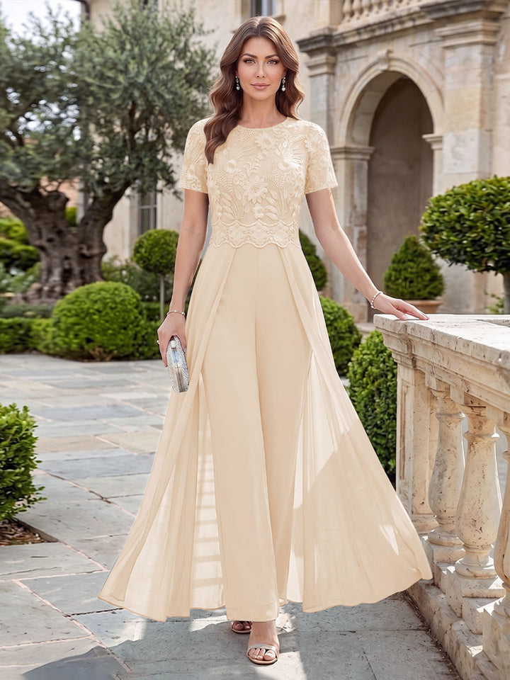 A-Line/Princess Scoop Short Sleeves Jumpsuit with Applique