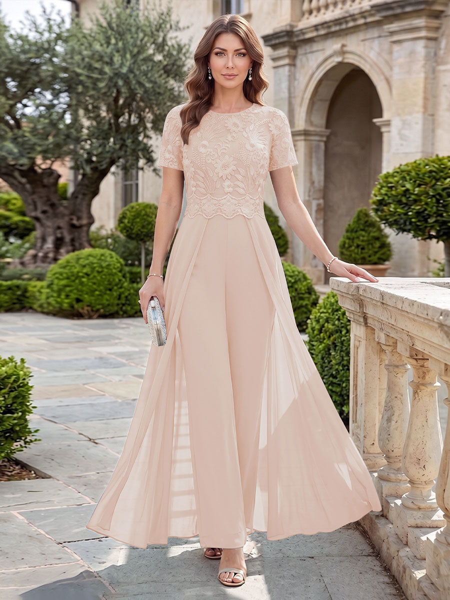 A-Line/Princess Scoop Short Sleeves Jumpsuit with Applique