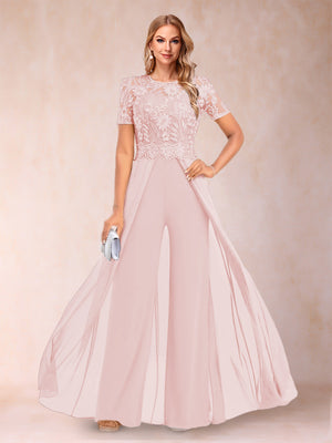 A-Line/Princess Scoop Short Sleeves Jumpsuit with Applique