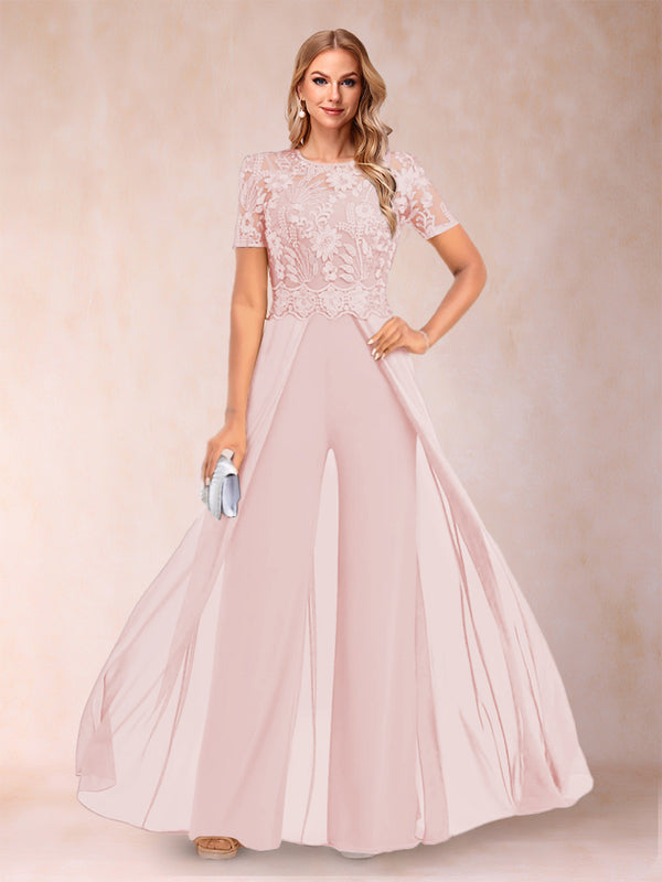 A-Line/Princess Scoop Short Sleeves Jumpsuit with Applique