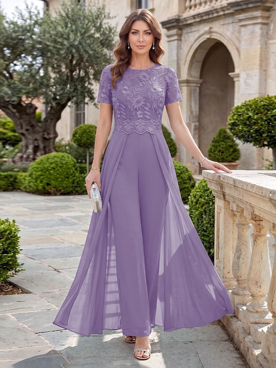 A-Line/Princess Scoop Short Sleeves Jumpsuit with Applique