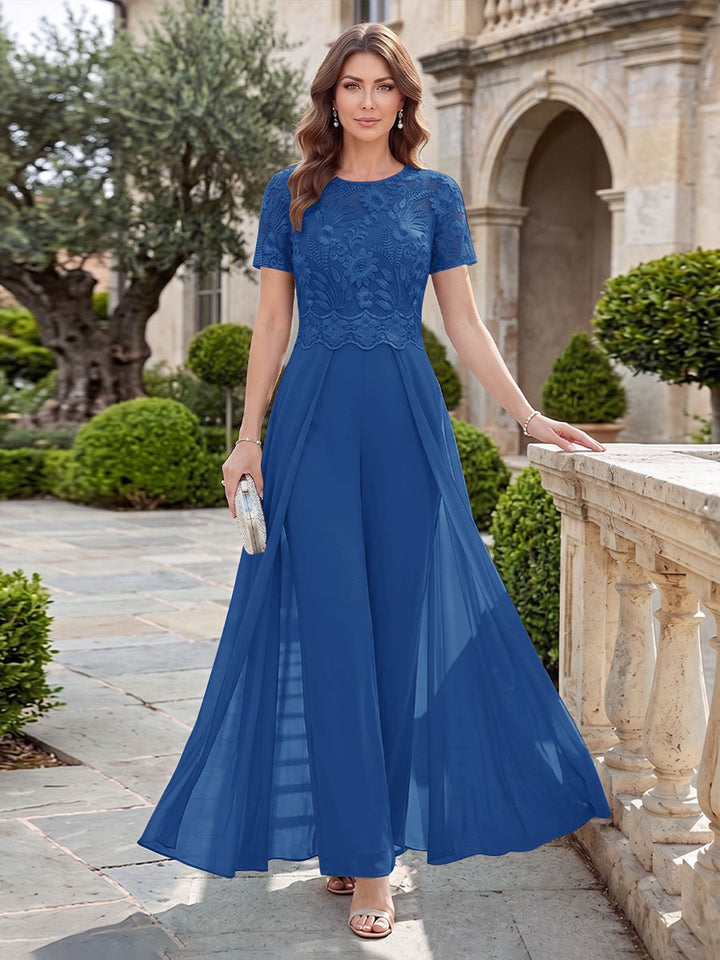 A-Line/Princess Scoop Short Sleeves Jumpsuit with Applique