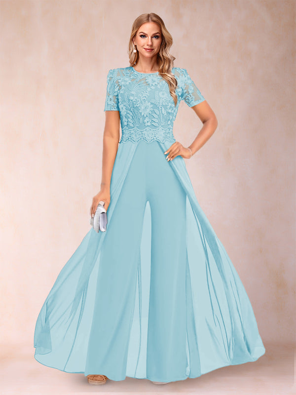 A-Line/Princess Scoop Short Sleeves Jumpsuit with Applique