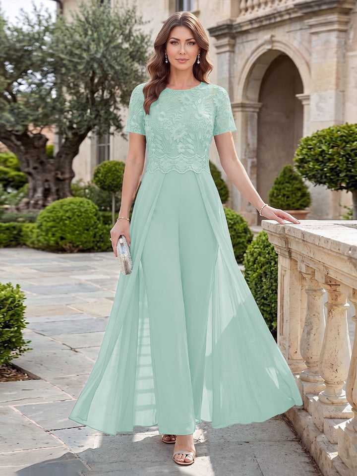 A-Line/Princess Scoop Short Sleeves Jumpsuit with Applique