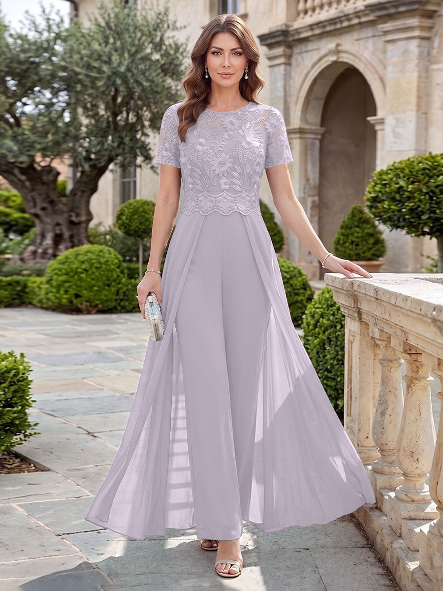 A-Line/Princess Scoop Short Sleeves Jumpsuit with Applique