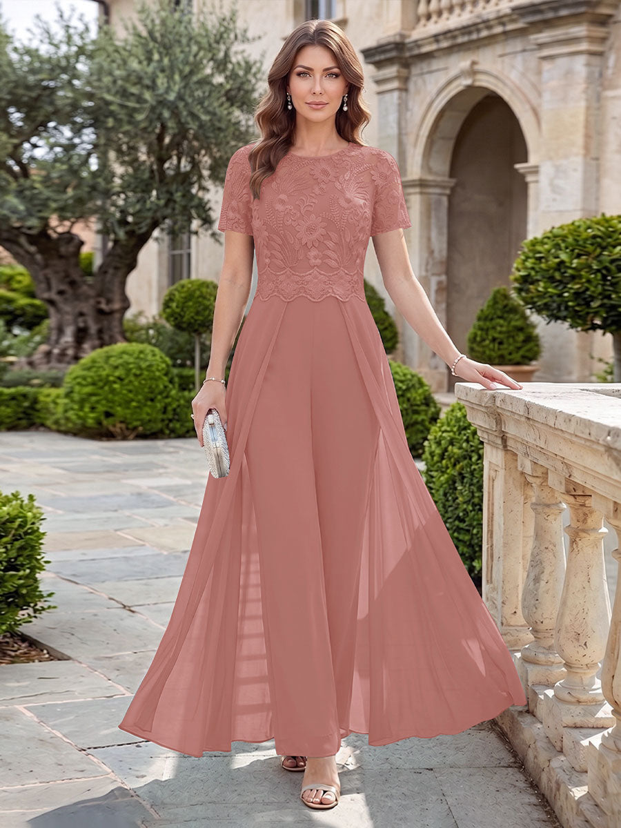 A-Line/Princess Scoop Short Sleeves Jumpsuit with Applique