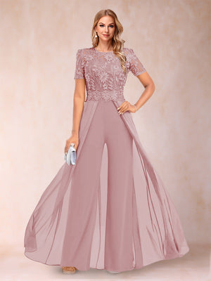 A-Line/Princess Scoop Short Sleeves Jumpsuit with Applique