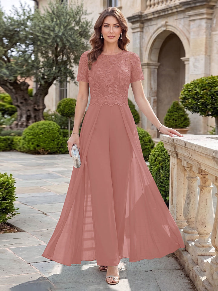A-Line/Princess Scoop Short Sleeves Jumpsuit with Applique