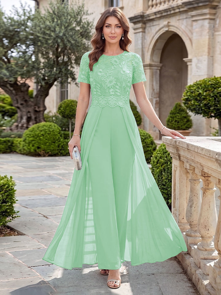 A-Line/Princess Scoop Short Sleeves Jumpsuit with Applique
